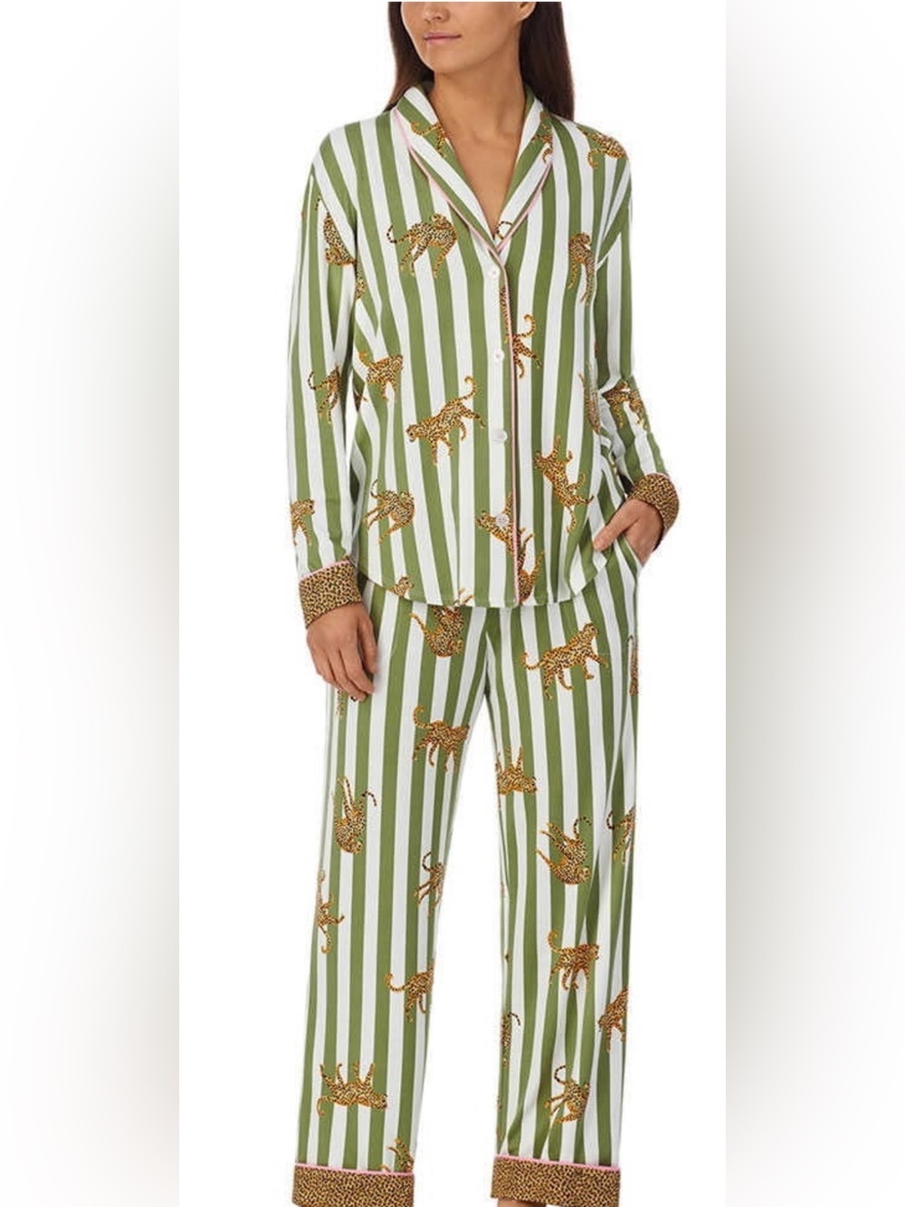 Room Service Leopard Stripe Pajama Top Green White XL Like New